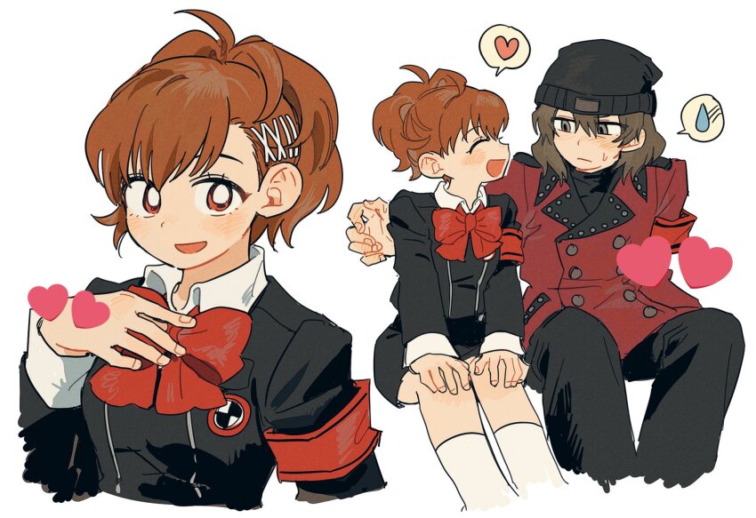 0pkmn 1boy 1girl aragaki_shinjirou armband beanie black_hat black_pants black_skirt blush bow bowtie brown_eyes brown_hair closed_eyes closed_mouth coat gekkoukan_high_school_uniform hat heart hetero highres jacket kneehighs long_sleeves multiple_views open_mouth pants persona persona_3 persona_3_portable red_armband red_bow red_bowtie red_coat school_uniform second-party_source shiomi_kotone simple_background sitting skirt socks spoken_heart spoken_sweatdrop sweat sweatdrop white_background white_socks