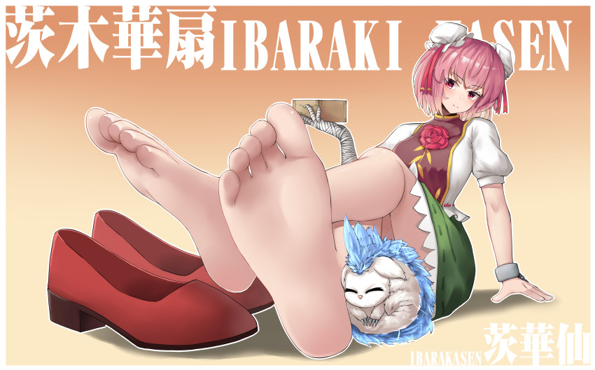 1girl absurdres bandaged_arm bandages bun_cover character_name chinese_commentary commentary commission convenient_censoring cuffs double_bun feet flats flower foot_focus frilled_skirt frills green_skirt hair_bun hakurei_fling hedgehog highres holding ibaraki_kasen masu pink_eyes pink_hair puffy_short_sleeves puffy_sleeves red_flower red_rose red_shoes red_tabard rose shackles shirt shoes short_sleeves skirt soles solo tabard toes touhou unworn_shoes white_shirt