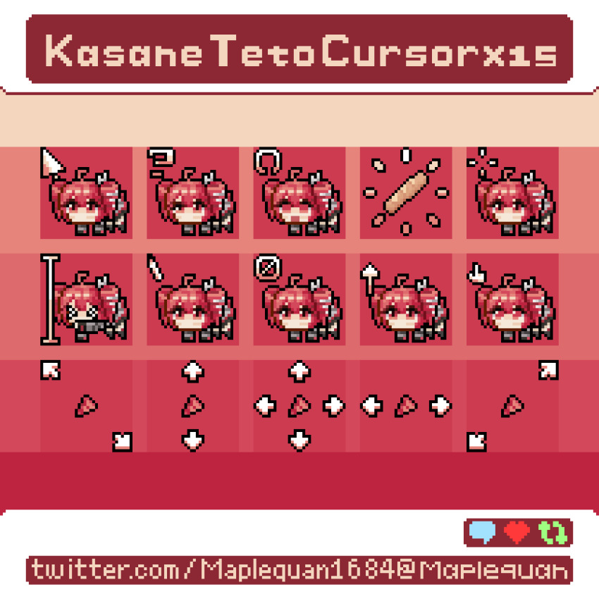 &gt;_&lt; 1girl ? angry animated animated_gif baguette blinking bouncing_hair bread buffering cursor cursor_(medium) drill_hair food grid highres kasane_teto kasane_teto_(sv) like_and_retweet loading_icon maplequan multiple_views pixel_art pixel_text red_eyes red_hair spoken_question_mark synthesizer_v twin_drills utau watermark web_address