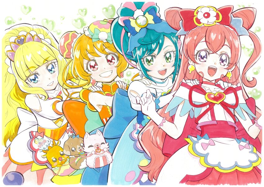 4girls absurdres back_bow blonde_hair blue_eyes blue_hair bow bun_cover cone_hair_bun cure_finale cure_precious cure_precious_(party_up_style) cure_spicy cure_yum-yum delicious_party_precure drill_hair earrings fuwa_kokone green_eyes hair_bun hair_rings hanamichi_ran hands_on_another&#039;s_shoulders highres itaoka1 jewelry kasai_amane kome-kome long_hair magical_girl mem-mem_(precure) multiple_girls nagomi_yui pam-pam pink_hair pink_lips precure purple_eyes recipipi red_eyes side_ponytail single_hair_ring smile twin_drills very_long_hair wide_ponytail