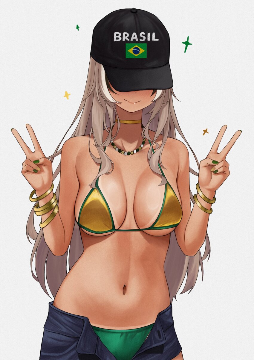 1girl alternate_costume baseball_cap bead_necklace beads bikini bracelet brazilian_flag brazilian_flag_print brazilian_miku brazilian_miku_(cosplay) breasts brown_hair commentary cosplay covered_eyes denim denim_shorts double_v english_commentary flag_print gold_bikini green_nails green_panties hair_intakes hat hatsune_miku highres hololive hololive_english jewelry long_hair nail_polish nanashi_mumei navel necklace panties short_shorts shorts simple_background smile solo stomach swimsuit tan tanline underwear unmeidesu v virtual_youtuber vocaloid white_background yellow_nails