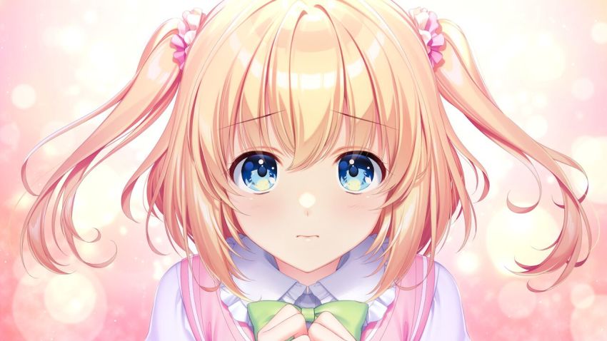 1girl alpha_(yukai_na_nakamatachi) blonde_hair blue_eyes bow bowtie closed_mouth floating_hair game_cg green_bow green_bowtie hair_between_eyes hair_ornament hair_scrunchie long_hair looking_at_viewer nagima_yumemi pink_background pink_scrunchie portrait scrunchie solo sousaku_kanojo_no_renai_koushiki twintails