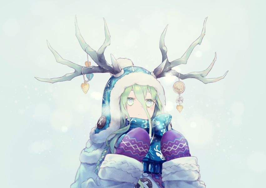 1girl absurdres antlers blue_scarf daisi_gi fate/grand_order fate_(series) green_eyes green_hair highres horns long_hair louhi_(fate) louhi_(second_ascension)_(fate) mittens pom_pom_(clothes) purple_mittens scarf visible_air woollen_cap
