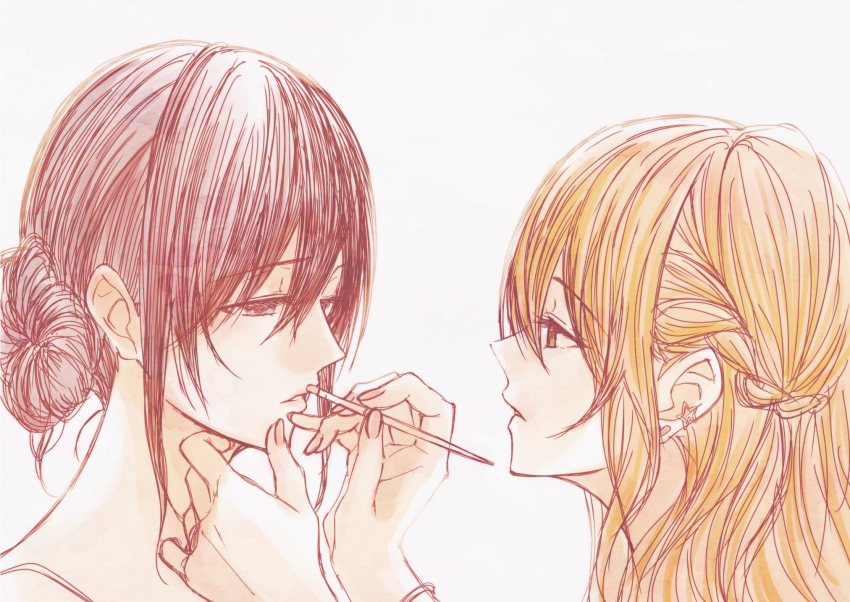 2girls aihara_mei aihara_yuzu applying_makeup bad_id bad_pixiv_id black_hair blonde_hair blush breasts citrus_(saburouta) cosmetics ear_blush earrings glidesloe green_eyes highres holding holding_brush holding_makeup_brush jewelry long_hair makeup_brush multiple_girls open_mouth purple_eyes siblings simple_background sisters step-siblings wife_and_wife yuri