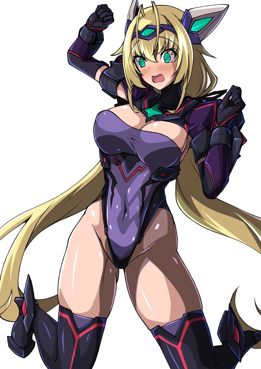 1girl absurdres antenna_hair aoi_tabane blonde_hair blush breasts cleavage cosplay covered_navel elbow_gloves exs-slave exs-tia_spica gloves green_eyes headgear highres katsuragi_shiori kneeling kouyoku_senki_exs-tia large_breasts leotard long_hair low_twintails open_mouth shiny_skin simple_background skindentation solo thighhighs twintails very_long_hair white_background