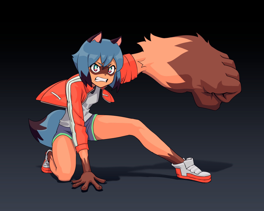 1girl animal_ears blue_hair blue_shorts brand_new_animal clenched_teeth emiladylbekuulu gorilla_arm highres jacket kagemori_michiru non-web_source raccoon_ears raccoon_girl raccoon_tail red_jacket shoes shorts studio_trigger tail tanuki teeth trigger_(company)