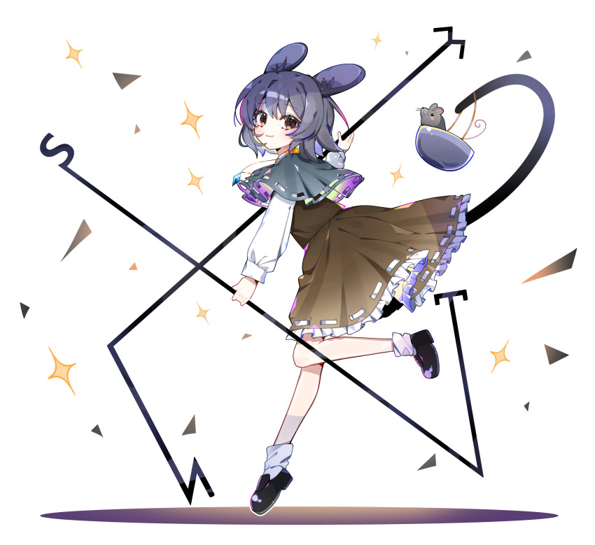 1girl animal_ears black_shoes blush bowl closed_mouth dowsing_rod full_body grey_eyes grey_hair highres jewelry long_sleeves looking_at_viewer mouse_ears mouse_girl mouse_tail nazrin necklace shoes short_hair sia_6767 smile socks solo tail touhou white_background white_socks
