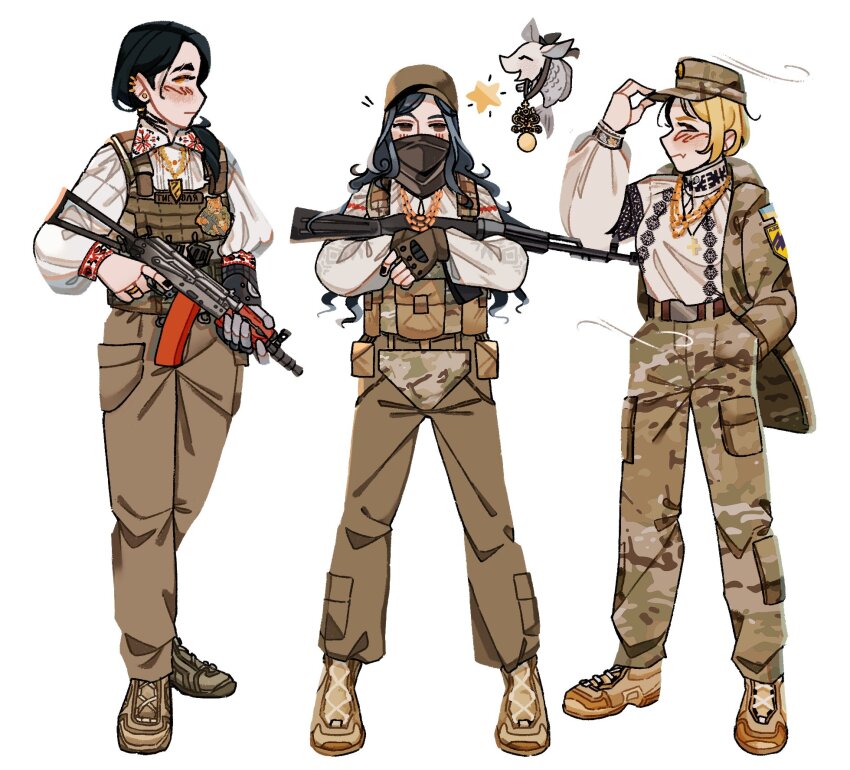 3girls 3rd_assault_brigade ak-74m aks-74u ammunition_pouch animal artist_name assault_rifle azov_battalion baseball_cap belt black_hair black_nails blonde_hair blue_hair blush boots breasts brown_belt brown_boots brown_eyes bulletproof_vest camouflage camouflage_jacket camouflage_pants cargo_pants closed_mouth covered_mouth ear_piercing eyebrow_cut fingerless_gloves from_side full_body gloves gun hand_in_pocket hanna_kovalchuk hat highres holding holding_gun holding_weapon jacket jewelry kalashnikov_rifle kraken_(japanon) kraken_regiment leather_belt linyvets_chan long_hair long_sleeves looking_at_viewer marichka mask mechanical_arms military military_combat_uniform military_uniform morale_patch multiple_girls necklace original pants peaked_cap piercing pouch prosthesis prosthetic_arm rifle ring russo-ukrainian_war schweinokaras shirt short_hair simple_background single_mechanical_arm smile solo spoken_star star_(symbol) trigger_discipline tryzub ukraine ukrainian_clothes ukrainian_commentary ukrainian_flag ukrainian_ground_forces vyshyvanka weapon wedding_ring white_background white_shirt woodland_camouflage yellow_eyes