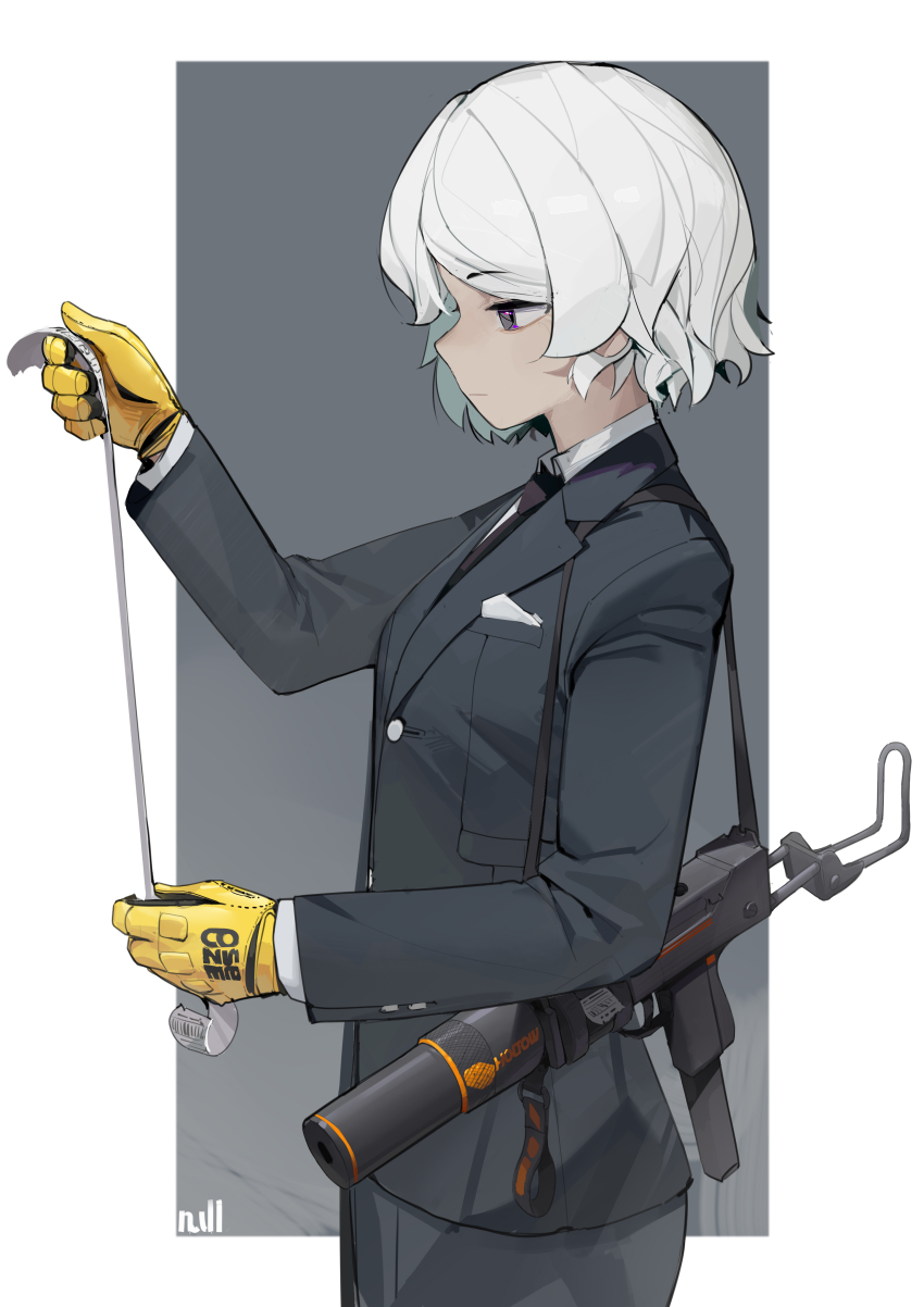 1girl absurdres artist_name black_eyes black_jacket black_necktie black_pants black_suit chinese_commentary closed_mouth collared_shirt expressionless formal_clothes from_side gloves gun gun_sling highres holding inset_border jacket mac-10/11 necktie null_(user_zske3258) pants receipt shirt short_hair simple_background solo submachine_gun suit suppressor the_finals weapon white_hair white_shirt yellow_gloves