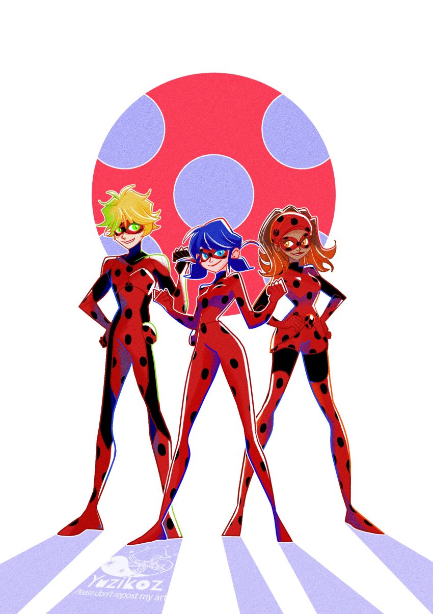 1boy 2girls absurdres adrien_agreste alya_cesaire blonde_hair blue_eyes blue_hair bodysuit chat_noir circle clenched_hands commentary_request dark-skinned_female dark_skin eye_mask full_body green_eyes hands_on_own_hips highres ladybug_(character) looking_at_viewer marinette_dupain-cheng miraculous_ladybug multiple_girls orange_hair rena_rouge shadow short_hair smile yuzikoz_mega