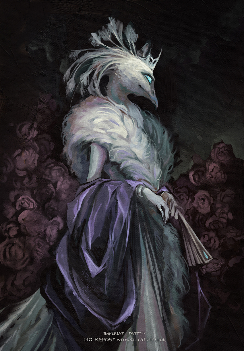 1boy andrealphus_(helluva_boss) aqua_dress aqua_eyes aqua_feathers aqua_fur aqua_sclera artist_name beak bird_boy bracelet bright_pupils closed_mouth colored_sclera cowboy_shot dark_background demon_boy dress fingernails flower from_side fur-trimmed_dress fur_trim hand_fan helluva_boss highres holding holding_fan i_imperiat jewelry long_dress looking_up male_focus peacock_boy peacock_feathers pink_flower pink_rose purple_shawl realistic rose sharp_fingernails shawl silver_bracelet silver_ring silver_tiara sleeveless sleeveless_dress solo white_pupils