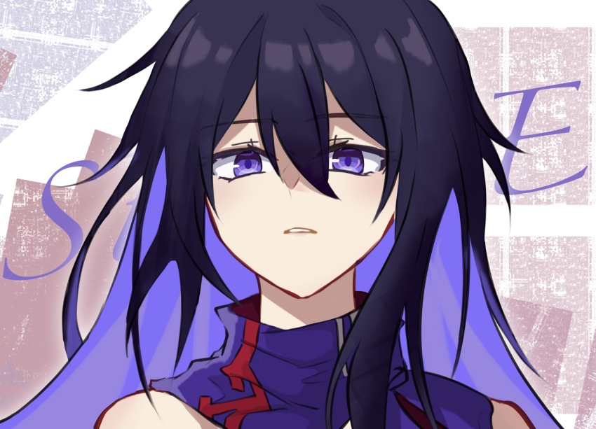 1girl bare_shoulders black_hair colored_inner_hair faber_fubei hair_between_eyes highres honkai:_star_rail honkai_(series) long_hair multicolored_hair parted_lips portrait purple_eyes purple_hair purple_scarf scarf seele_(honkai:_star_rail) solo very_long_hair