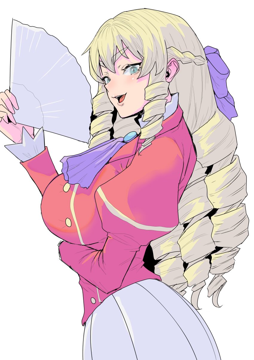 1girl absurdres akuyaku_reijou_tensei_ojisan ascot blonde_hair breasts drill_hair grace_auvergne green_eyes hair_between_eyes hair_ribbon hand_fan highres holding holding_fan jacket long_hair long_sleeves looking_at_viewer mattai_(38myyyy) red_jacket ribbon school_uniform simple_background smile upper_body