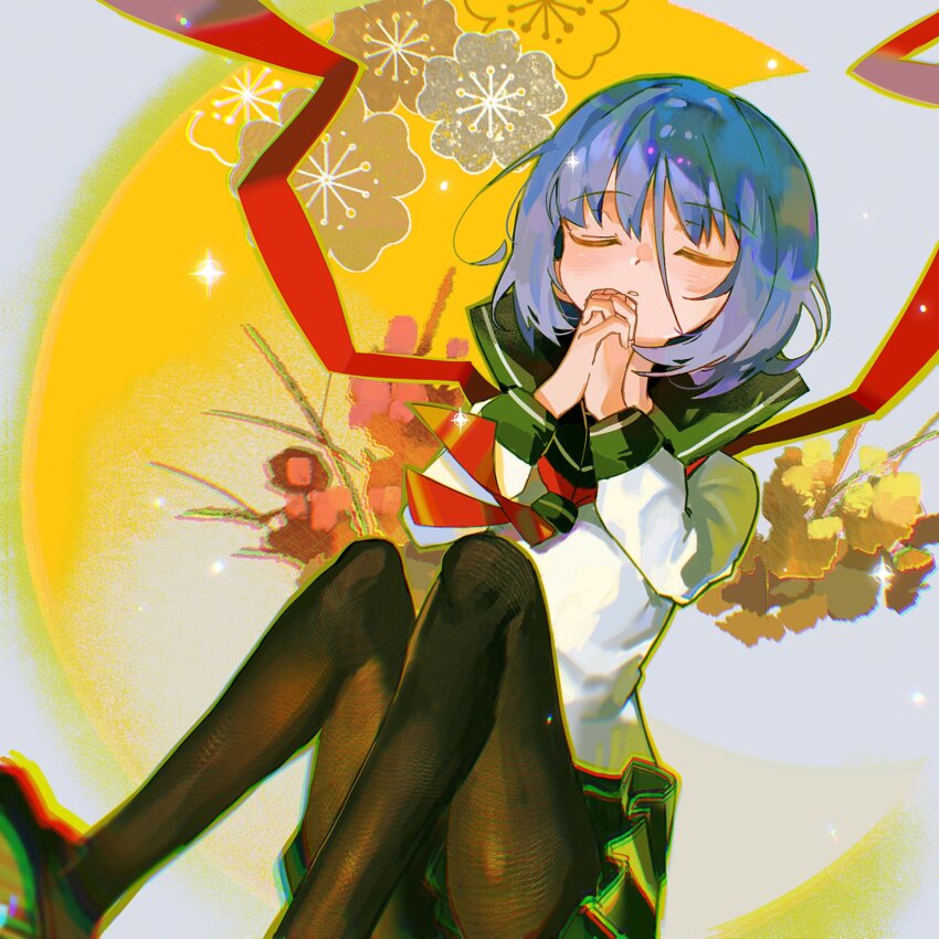 1girl ayane_ichijou back_ribbon black_pantyhose blue_hair chromatic_aberration closed_eyes crescent feet floral_background flower flower_symbol green_sailor_collar highres legs_up light_blush long_ribbon lying on_back own_hands_clasped own_hands_together pantyhose parted_lips pleated_skirt red_flower red_ribbon ribbon sailor_collar school_uniform serafuku shirt short_hair skirt solo soukou_akki_muramasa sparkle white_shirt yellow_flower yingyiran_(htd3)