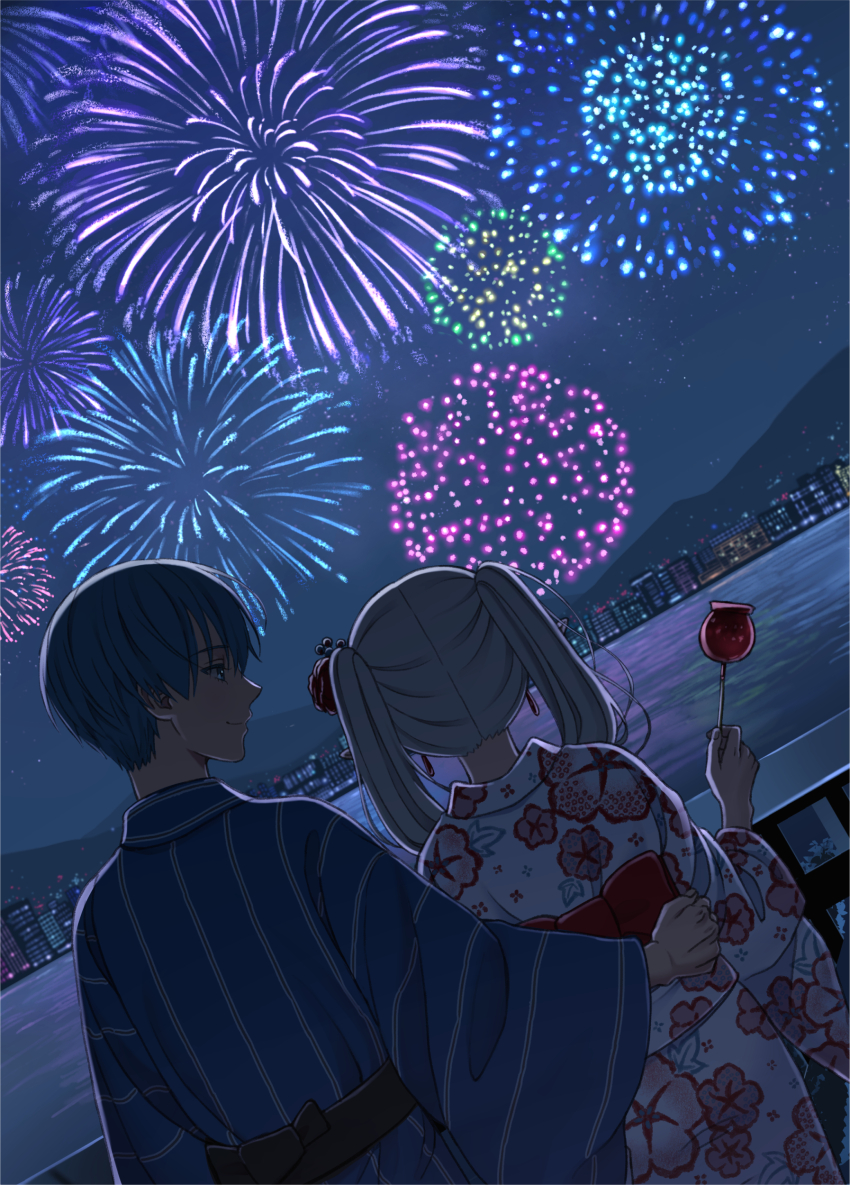 1boy 1girl absurdres anko_kinako blue_eyes blue_hair candy_apple city commentary_request contemporary dutch_angle fireworks floral_print food frieren grey_hair highres himmel_(sousou_no_frieren) holding holding_food japanese_clothes kimono lake mountainous_horizon night night_sky pointy_ears sky sousou_no_frieren striped_clothes striped_kimono twintails yukata