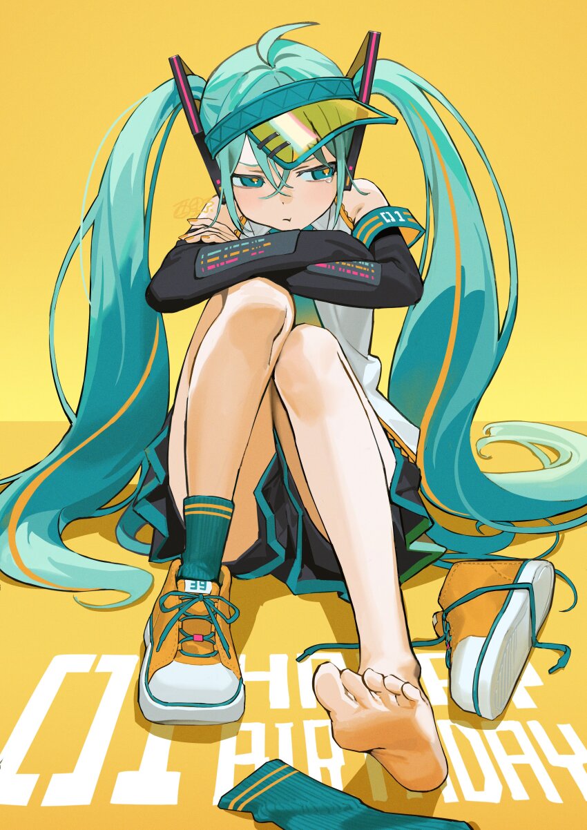 1girl 39 absurdres ahoge aqua_armband aqua_eyes aqua_hair aqua_necktie armband barefoot black_skirt black_sleeves blonde_hair closed_mouth commentary_request crossed_arms crossed_bangs detached_sleeves facing_viewer feet fingernails green_socks grey_shirt hair_between_eyes hair_ornament hatsune_miku headphones highres knees_up left_shoe_removed long_fingernails long_hair looking_to_the_side multicolored_hair nail_polish necktie number_print pleated_skirt pout shirt shoes sideways_glance signature simple_background single_shoe single_sock sitting skirt sleeveless sleeveless_shirt sneakers socks soles solo streaked_hair tearing_up toes torino_kawazu twintails unworn_shoes unworn_socks very_long_hair visor_cap vocaloid yellow_background yellow_nails yellow_pupils yellow_shoes