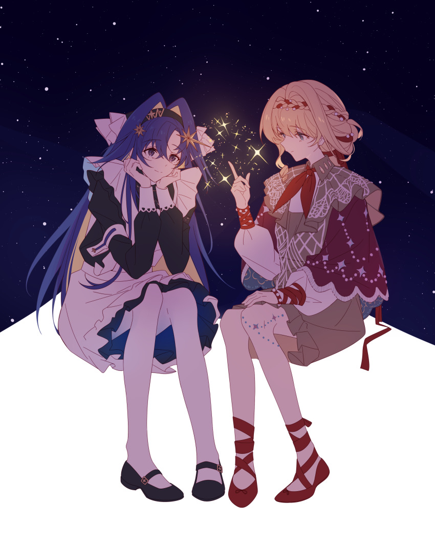 2girls absurdres ankle_ribbon apron ballet_slippers black_dress black_hairband black_shoes blonde_hair blue_eyes blue_hair braid braided_bangs brown_dress colored_inner_hair dress fireworks frilled_apron frills full_body hair_intakes hair_ribbon hairband hand_on_own_knee hand_up hands_on_own_cheeks hands_on_own_face hands_up head_rest highres index_finger_raised invisible_chair kiperina leg_ribbon leg_tattoo long_hair looking_at_another low_ponytail mary_janes meeeeei multicolored_hair multiple_girls pantyhose ponytail profile red_ribbon red_shoes reverse:1999 ribbon school_uniform shoes short_dress sitting smile soviet_school_uniform star_(sky) starry_sky_background tattoo voyager_(reverse:1999) white_apron white_pantyhose