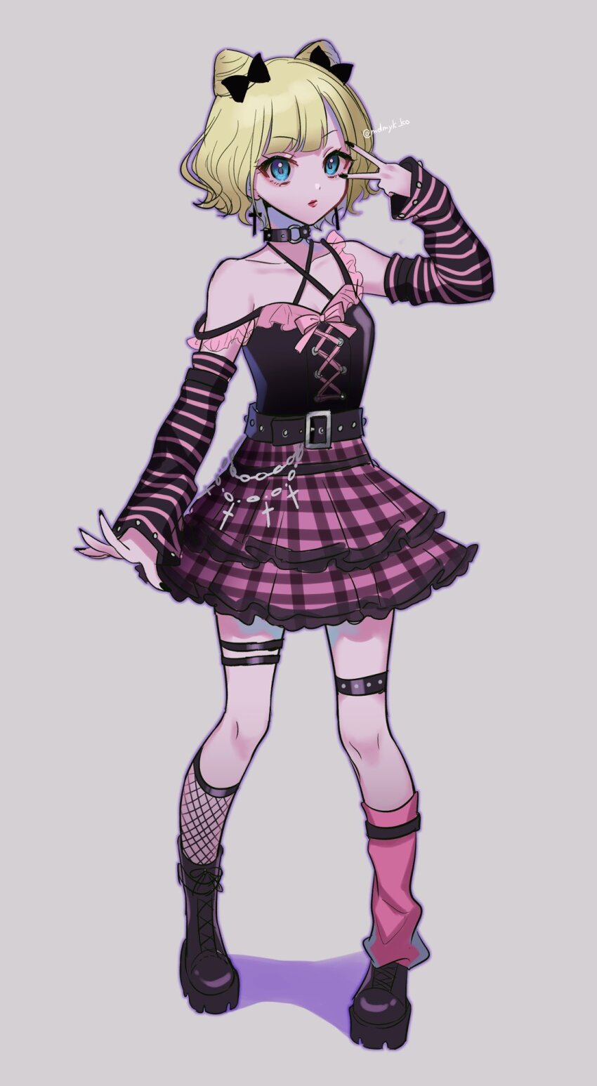 1girl alternate_costume arm_warmers asymmetrical_legwear bare_shoulders black_boots black_bow black_choker black_shirt blonde_hair blue_eyes blunt_bangs boots bow choker closed_mouth commentary_request cone_hair_bun cross cross_earrings double_bun earrings fishnet_socks fishnets frilled_skirt frills full_body grey_background hair_bun hand_up highres jewelry leg_warmers looking_at_viewer mendamen minami_mirei o-ring o-ring_choker pink_skirt plaid_clothes plaid_skirt pretty_series pripara red_lips shirt short_hair simple_background skirt sleeveless sleeveless_shirt socks solo standing strap_slip thigh_strap v v_over_eye