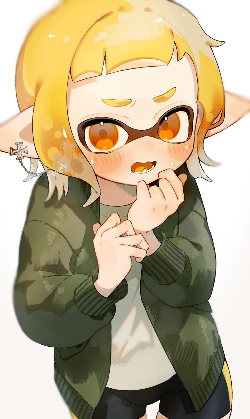 1girl bike_shorts black_shorts blush_stickers brown_hair colored_tongue commentary_request cowboy_shot cross cross_earrings ear_chain earrings fang green_jacket hand_to_own_mouth highres inkling inkling_girl inkling_player_character jacket jewelry linked_piercing long_sleeves looking_at_viewer multicolored_hair nintendo open_clothes open_jacket open_mouth orange_eyes orange_hair orange_tongue pointy_ears sabata_saba shirt short_hair shorts solo splatoon_(series) sweat tentacle_hair two-tone_hair white_background white_shirt