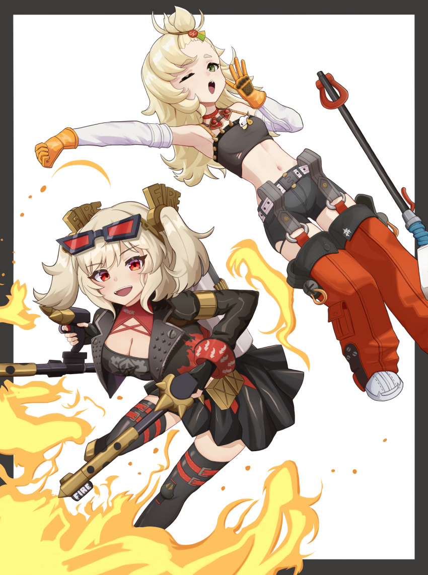 2girls black_jacket black_pantyhose black_skirt black_tube_top blonde_hair breasts burnice_white cleavage crop_top detached_sleeves eyewear_on_head flamethrower gloves goggles goggles_around_neck highres holding holding_flamethrower holding_weapon jacket large_breasts looking_at_viewer midriff multiple_girls navel open_mouth pantyhose piper_wheel red-tinted_eyewear red_eyes skirt smile spiked_belt spiked_jacket strapless sugunejineji tinted_eyewear tube_top twintails weapon yawning yellow_gloves zenless_zone_zero