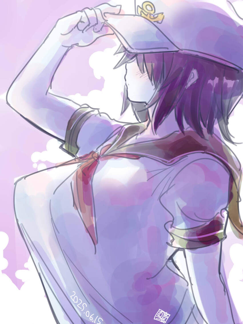 1girl adjusting_clothes adjusting_headwear anchor_symbol black_hair blush breasts closed_mouth colored_skin commentary_request cookie_(touhou) dated expressionless hair_over_eyes hat highres itini-sanshi large_breasts looking_afar milk_(cookie) murasa_minamitsu neckerchief purple_background red_neckerchief shirt short_hair short_sleeves solo touhou upper_body white_hat white_shirt white_skin