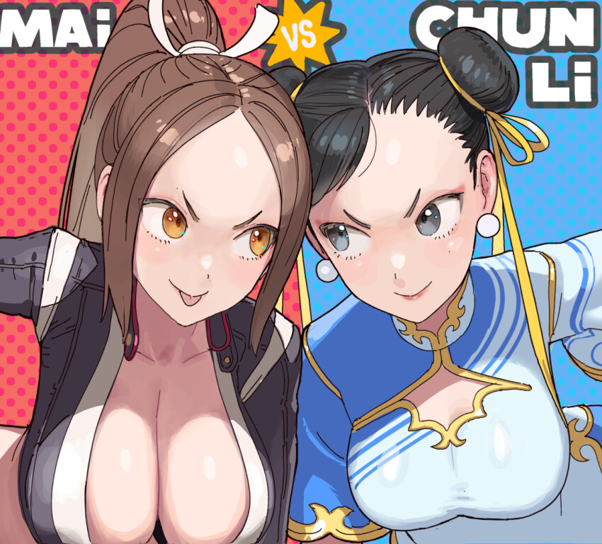 2girls bad_tag black_hair black_jacket breasts brown_eyes brown_hair capcom character_name chun-li cleavage conto cropped_jacket crossover double_bun earrings eyeshadow fatal_fury fatal_fury:_city_of_the_wolves female_focus grey_eyes hair_bun hair_ribbon jacket jewelry large_breasts leaning_on_person makeup medium_breasts multiple_girls no_bra pearl_earrings polka_dot polka_dot_background ponytail red_eyeshadow ribbon shiranui_mai shoulder-to-shoulder smile street_fighter street_fighter_6 tongue tongue_out upper_body yellow_ribbon