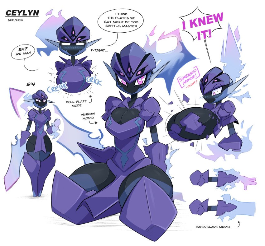 1girl armor black_skin breastplate breasts bursting_breasts ceruledge cleavage colored_skin energy_gun fire highres huge_breasts kilinah kneeling nintendo no_mouth pink_eyes pokemon speech_bubble surprised wardrobe_malfunction weapon wide_hips