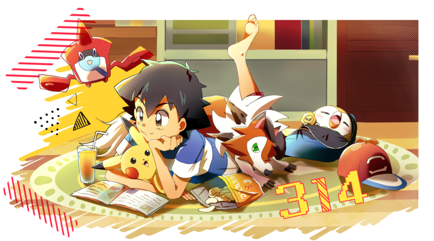 1boy absurdres ash_ketchum backpack bag barefoot baseball_cap black_hair blue_shirt book brown_eyes chips_(food) closed_eyes closed_mouth cup door drinking_straw facial_mark food gen_1_pokemon gen_4_pokemon gen_7_pokemon green_eyes hat hatsu8282 highres indoors leg_up looking_down looking_up lycanroc lycanroc_(dusk) lying male_focus meltan mythical_pokemon nintendo open_mouth pikachu pokemon pokemon_(anime) pokemon_sm_(anime) rotom rotom_dex rowlet shirt shorts sleeping smile two-tone_shirt white_shirt
