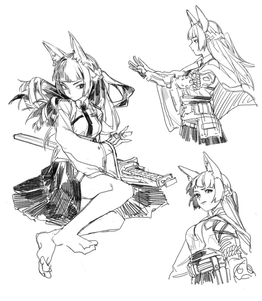 1girl absurdres animal_ears blunt_bangs closed_mouth expressionless fingerless_gloves fox_ears fox_girl full_body gloves greyscale highres hoshimi_miyabi jacket looking_ahead looking_at_viewer looking_to_the_side monochrome multiple_views necktie no_shoes serious sidelocks simple_background sketch skirt sword weapon white_background zenless_zone_zero zero808w