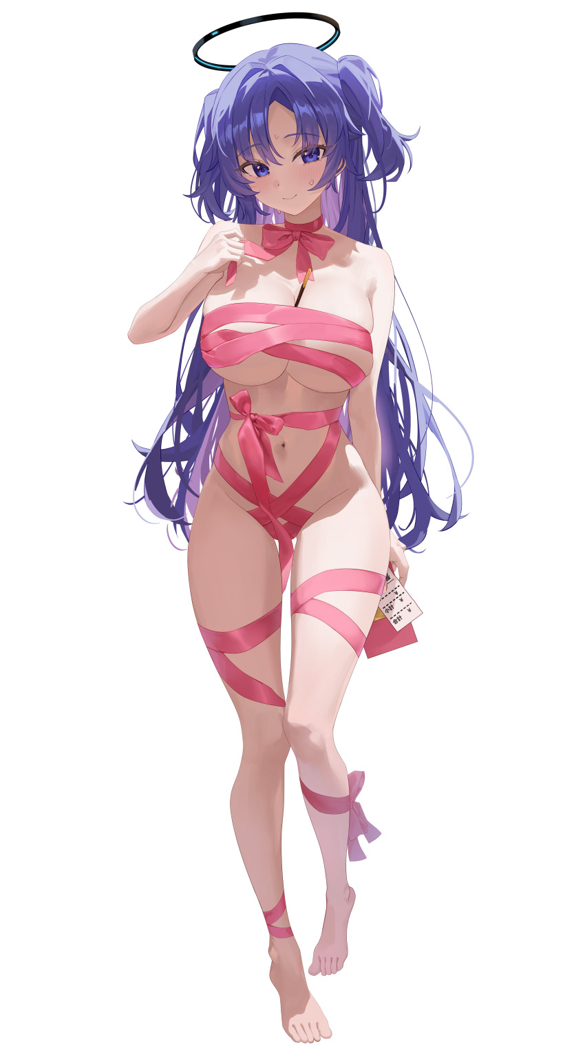 1girl absurdres between_breasts black_halo blue_archive blue_eyes blue_hair blush bow breasts cleavage closed_mouth commentary_request curvy eyelashes eyes_visible_through_hair food food_between_breasts full_body groin hair_intakes halo hand_up hido88 highres korean_commentary large_breasts long_hair looking_at_viewer mechanical_halo naked_ribbon navel parted_bangs pink_bow pink_ribbon pocky ribbon seductive_smile simple_background smile solo standing sweat thighs tsurime two_side_up very_long_hair white_background yuuka_(blue_archive)