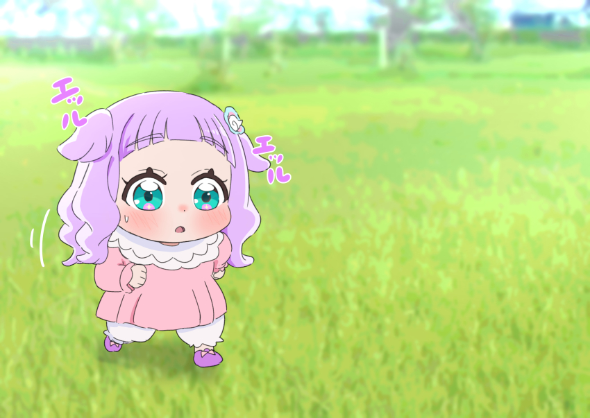 1girl absurdres aqua_eyes baby blush commentary_request dress ellee-chan grass hakuino_hakase highres hirogaru_sky!_precure long_sleeves medium_hair open_mouth pink_dress precure purple_hair purple_socks running shorts socks solo sweatdrop translation_request two_side_up white_shorts