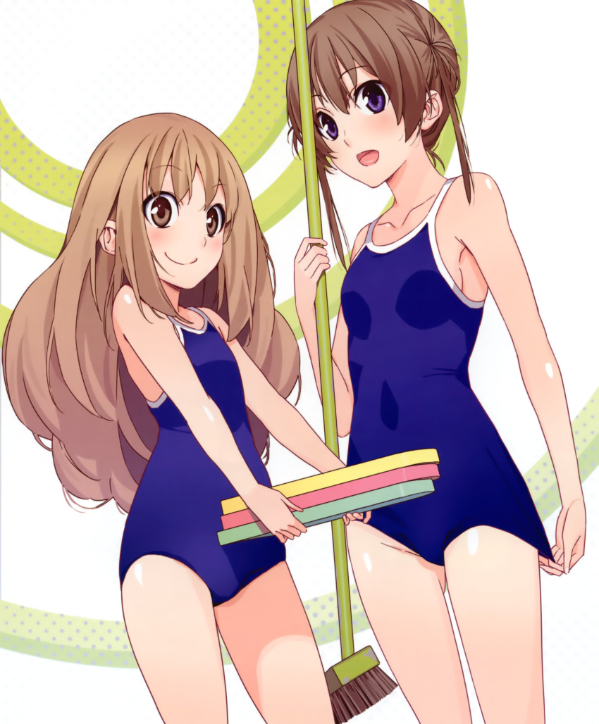 2girls absurdres amakawa_chinatsu big_hair broom brown_eyes brown_hair carrying cleaning_brush highres kickboard memories_off memories_off_yubikiri_no_kioku morii_shizuki multiple_girls one-piece_swimsuit orihime_hoshitsuki purple_eyes school_swimsuit short_hair smile swimsuit wide-eyed