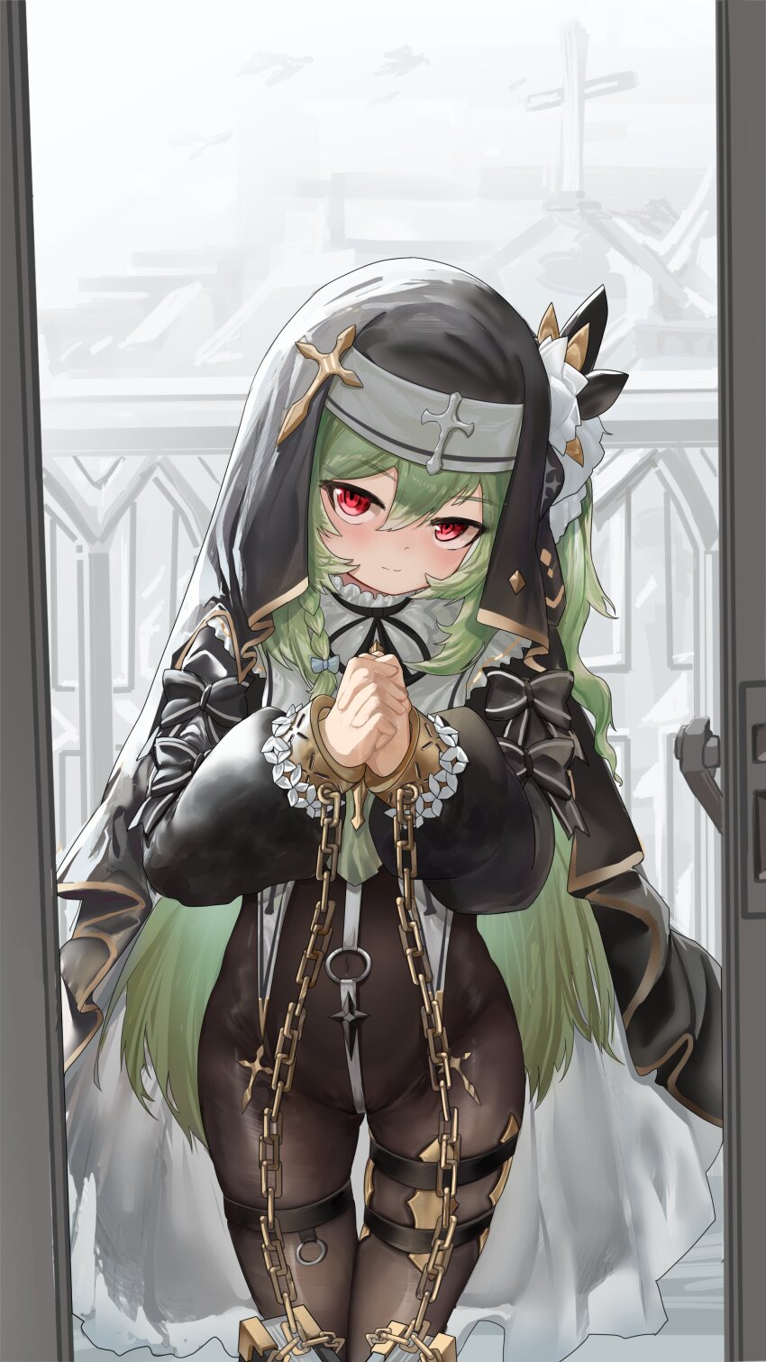 1girl absurdres black_sleeves blurry blurry_background bodystocking bow braid chain closed_mouth commission cowboy_shot cross cuffs door_handle doorway green_hair hair_between_eyes hands_up head_tilt highres huanxiang_koudai_meow interlocked_fingers long_hair long_sleeves looking_at_viewer neck_ribbon nun open_door original own_hands_clasped own_hands_together pocketfans pov_doorway praying puffy_long_sleeves puffy_sleeves red_eyes ribbon second-party_source shackles smile solo standing thigh_gap thigh_strap veil very_long_hair