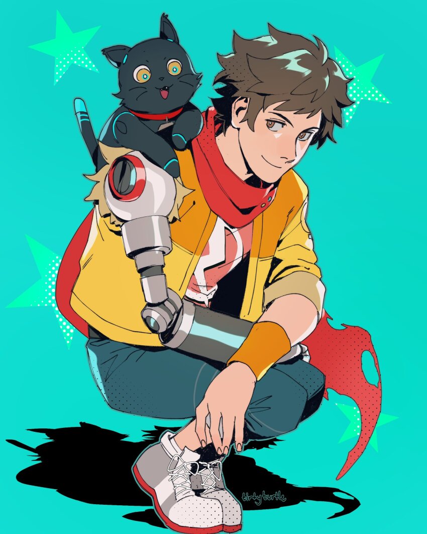 1boy 808_(hi-fi_rush) cat chai_(hi-fi_rush) denim denim_jacket hi-fi_rush highres jacket mechanical_arms prosthesis prosthetic_arm robot_cat scarf short_hair single_mechanical_arm smile tirtyturtle