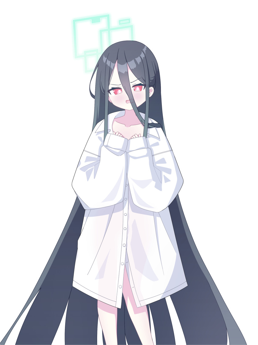 1girl 525_woiwo absurdly_long_hair absurdres aqua_halo black_hair blue_archive blush collarbone collared_shirt commentary_request hair_between_eyes halo highres kei_(blue_archive) long_hair long_hair_between_eyes looking_at_viewer open_mouth oversized_clothes oversized_shirt red_eyes shirt simple_background solo very_long_hair white_background white_shirt