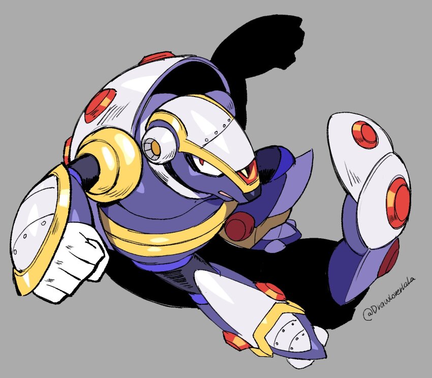 1boy armadillo armor armored_armadillo_(mega_man) clenched_hand drawloverlala full_body grey_background highres mega_man_(series) mega_man_x1 mega_man_x_(series) non-humanoid_robot robot robot_animal simple_background solo white_armor