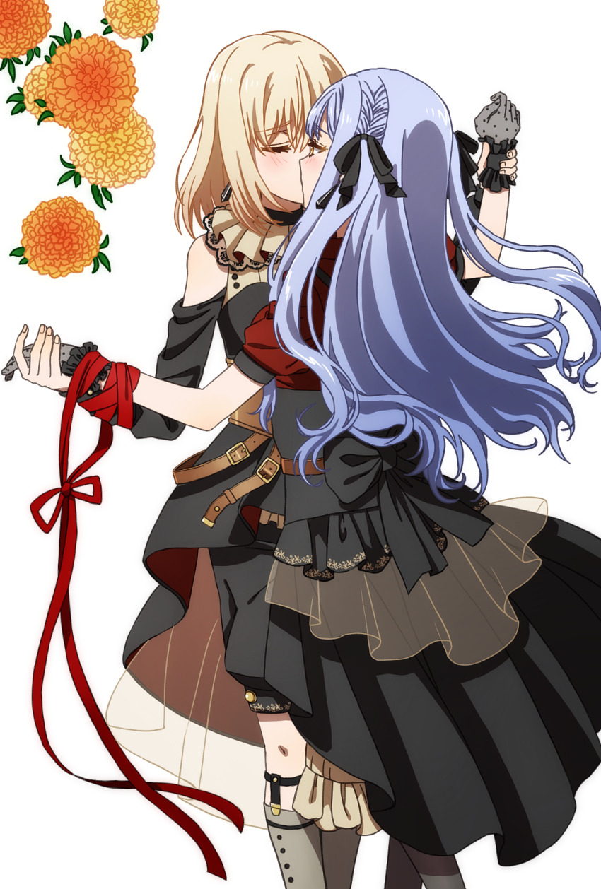 2girls bang_dream! bang_dream!_it&#039;s_mygo!!!!! black_dress black_gloves black_ribbon black_skirt blonde_hair blue_hair closed_eyes clothing_cutout commentary_request doloris_(bang_dream!) dress flower gloves hair_ribbon highres holding_hands kiss long_hair medium_hair misumi_uika multiple_girls oblivionis_(bang_dream!) oiun orange_flower red_shirt ribbon shirt shoulder_cutout simple_background skirt togawa_sakiko white_background yellow_eyes yellow_flower yuri