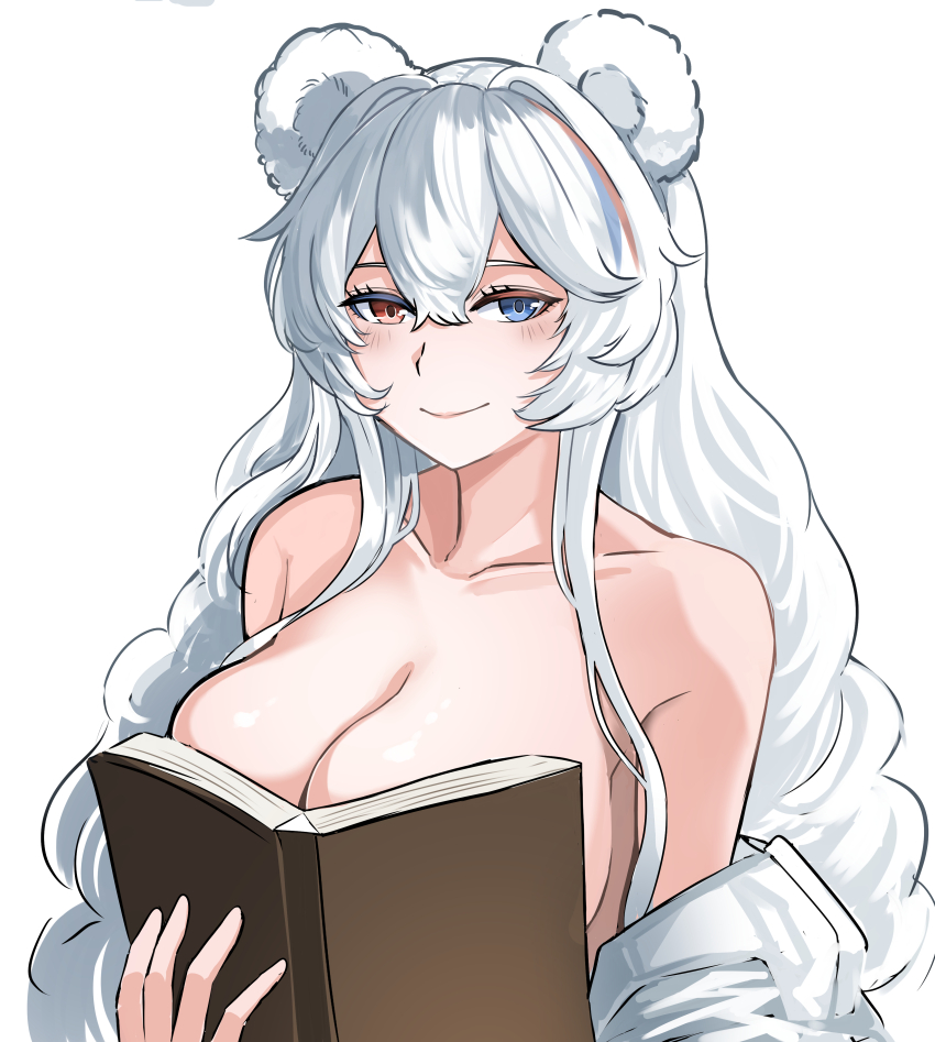1girl absurdres animal_ears arknights bear_ears bear_girl blue_eyes blue_hair boobs_in_book_(meme) book breasts collarbone commentary defrikh_(de_friday) double-parted_bangs heterochromia highres holding holding_book large_breasts long_hair meme multicolored_hair orange_eyes red_hair rosa_(arknights) simple_background smile solo streaked_hair upper_body white_background white_hair