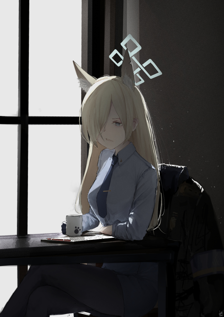1girl absurdres animal_ear_fluff animal_ears aqua_halo black_pantyhose blonde_hair blue_archive blue_necktie blue_shirt blue_skirt breasts collared_shirt commentary crossed_legs cup feet_out_of_frame halo highres holding holding_cup indoors jacket kanna_(blue_archive) kyatto-mikazu light_particles long_hair medium_breasts necktie pantyhose pencil_skirt sharp_teeth shirt sitting skirt solo teeth tie_clip unworn_jacket