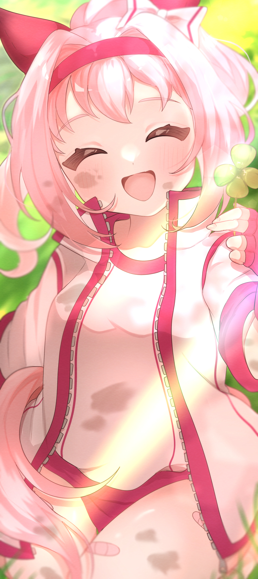 1girl absurdres animal_ears bandaid bandaid_on_leg blush bow breasts buruma closed_eyes commentary_request dirty dirty_clothes dirty_face ear_bow ear_covers facing_viewer fingerless_gloves flower gloves hairband haru_urara_(bestest_prize)_(umamusume) haru_urara_(umamusume) headband highres holding holding_flower horse_ears horse_girl horse_tail jacket kurumiya_(krmy_p) long_hair open_mouth pink_buruma pink_eyes pink_hair pink_headband ponytail red_buruma red_gloves red_headband shirt smile solo tail umamusume white_jacket white_shirt