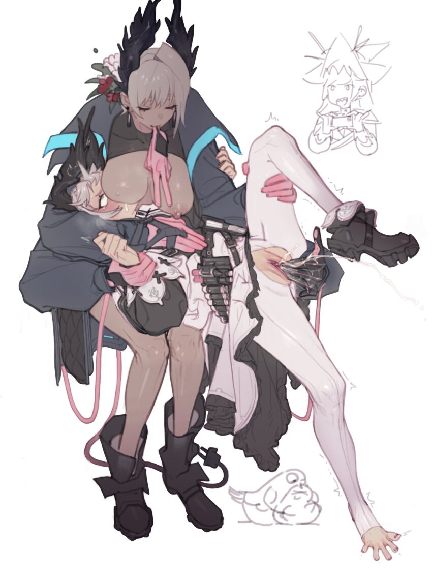 3girls ^^^ animal arknights bad_id bad_twitter_id bird bird_girl blush boots breast_smother breast_sucking breasts cellphone closed_eyes clothed_sex creator_connection dark-skinned_female dark_skin electric_plug electric_plug_tail extra_arms face_to_breasts female_ejaculation fingering flower glove_in_mouth gloves grey_hair gripping_clothes gun hair_flower hair_ornament hand_on_another&#039;s_chest hat head_wings highres hitobashira_(1746164306) holding holding_another&#039;s_leg holding_another&#039;s_wrist holding_phone holster irene_(arknights) large_breasts mouth_hold multiple_girls nail_polish nursing_fingering open_mouth pantyhose phone pink_gloves pink_nails raidian_(arknights) recording revision rolling_eyes sex sharp_teeth shoes simple_background single_shoe smartphone smile species_connection specter_(arknights) specter_the_unchained_(arknights) spread_toes tail teeth toenail_polish toenails toes torn_clothes torn_pantyhose trembling unworn_gloves watching weapon white_background white_hair white_pantyhose wings yuri