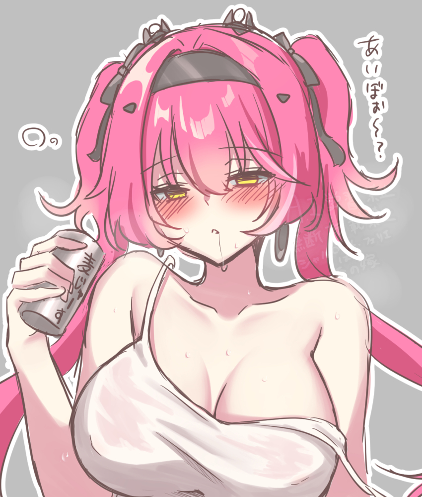 1girl alternate_costume bare_shoulders beer_can black_bow black_hairband blush bow breasts can cleavage commentary_request drink_can drooling drunk earrings hair_between_eyes hair_bow hairband half-closed_eyes headgear highres holding holding_can jewelry large_breasts long_hair lupa_(wuthering_waves) multiple_hair_bows parted_lips pink_hair solo strap_slip sweat tank_top translation_request twintails uissu upper_body white_tank_top wuthering_waves yellow_eyes