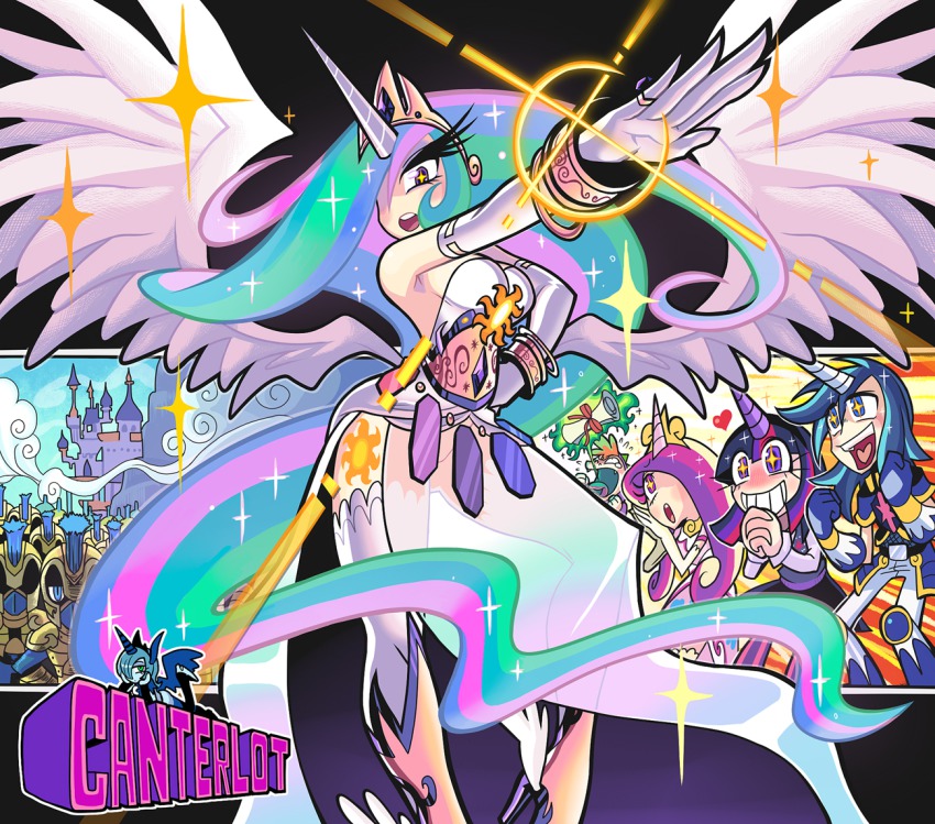 2boys 3girls armor blonde_hair blue_eyes blue_hair blush breasts princess_celestia censored chibi cleavage convenient_censoring dress elbow_gloves english_text frown gashi-gashi gloves green_eyes green_hair hair_over_one_eye hand_on_own_hip heart high_heels horns jacket jewelry large_breasts long_hair long_sleeves princess_luna lying multicolored_hair multiple_boys multiple_girls my_little_pony my_little_pony:_friendship_is_magic navel no_panties on_stomach open_mouth own_hands_clasped own_hands_together personification pink_eyes pink_hair princess_cadance purple_eyes salute see-through_clothes shining_armor shoes single_horn skirt smile spike_(my_little_pony) star_(symbol) symbol-shaped_pupils tiara twilight_sparkle very_long_hair wings