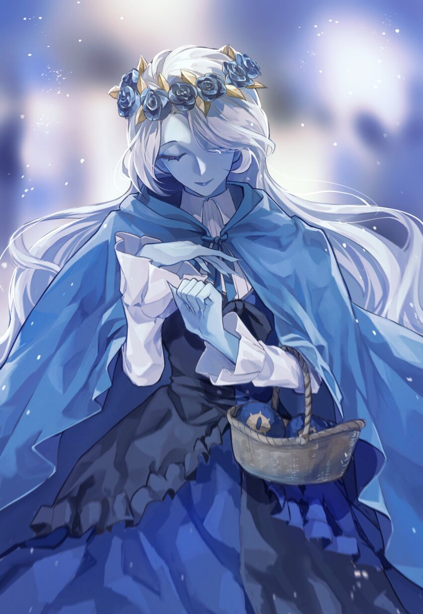 1boy aqua_eyes basket blue_eyes blue_flower blue_ribbon braid chibi cloak commentary cookie_run cookie_run:_kingdom crossdressing crossdressing_(mtf) english_commentary flower flower_basket hair_ribbon heterochromia highres holding holding_basket hood hooded_cloak hyuni7777 letterboxed long_hair male_focus ribbon shadow_milk_cookie shadow_milk_cookie_(female) smile solo trap very_long_hair white_hair