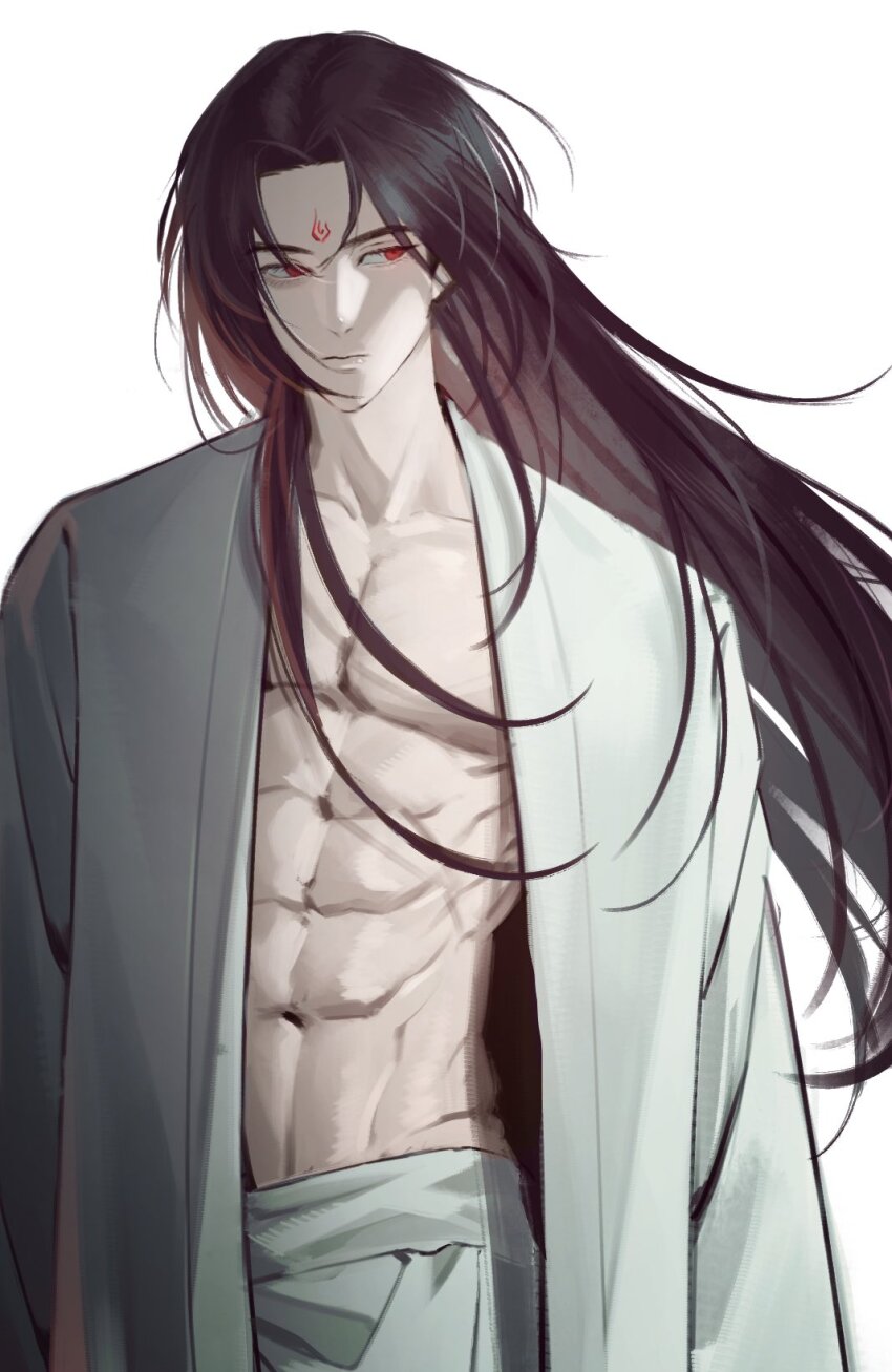 1boy abs bare_pectorals black_hair chinese_clothes closed_mouth cowboy_shot facial_mark forehead_mark hanfu highres korean_commentary long_hair long_sleeves looking_to_the_side luo_binghe male_focus muscular muscular_male nonji_(nonxgg) open_clothes pants pectorals red_eyes renzha_fanpai_zijiu_xitong solo white_background white_hanfu white_pants zuiyin