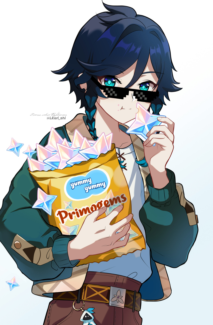 1boy :t absurdres aqua_eyes aqua_hair belt black_hair braid brown_pants closed_mouth deal_with_it_(meme) eating genshin_impact gradient_hair green_jacket highres jacket lkari_shi long_sleeves looking_at_viewer male_focus meme multicolored_hair pants primogem shirt smile snack solo sunglasses twin_braids venti_(genshin_impact) white_shirt