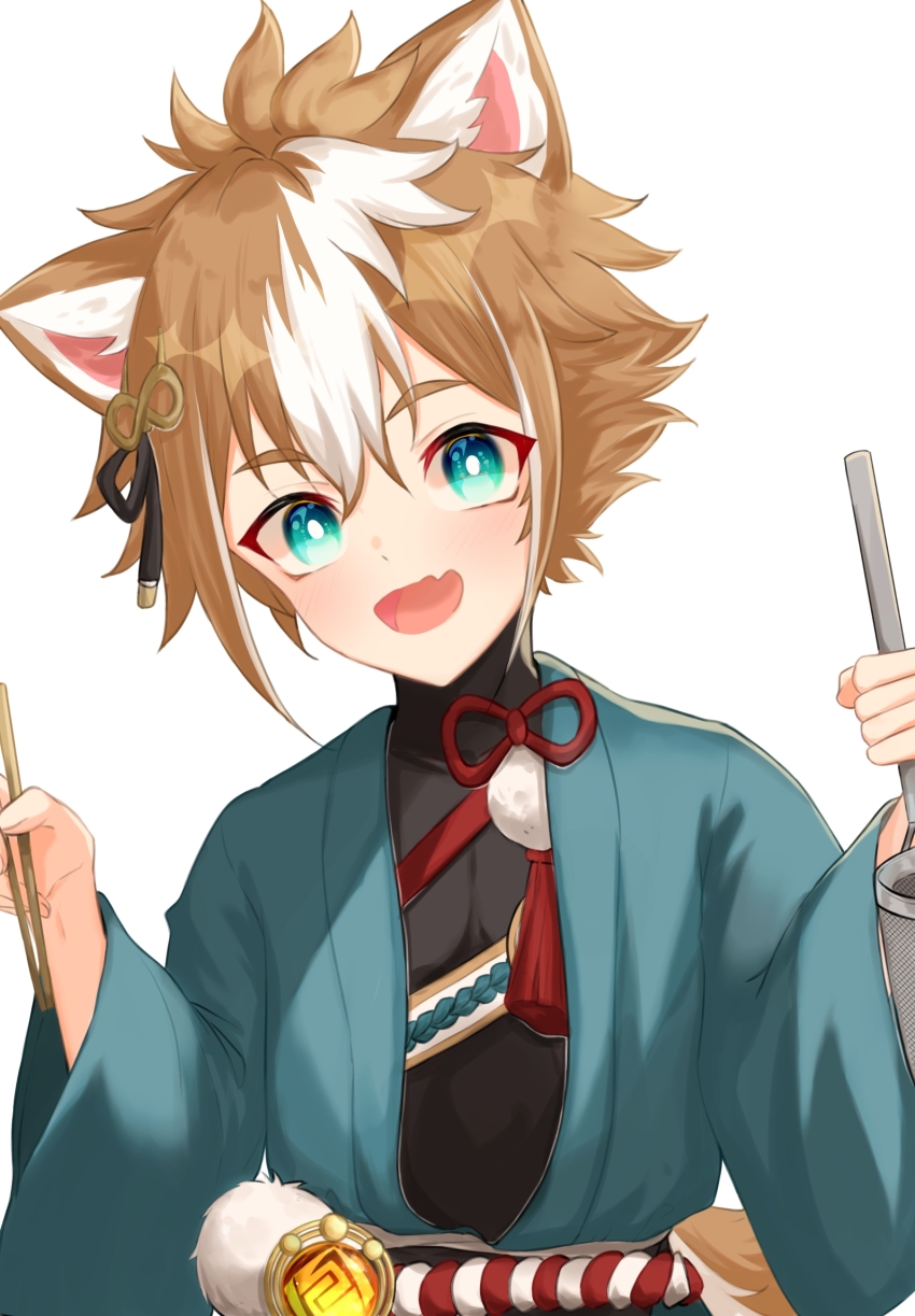 1boy animal_ears aqua_eyes aqua_kimono black_shirt blush brown_hair chopsticks dog_boy dog_ears genshin_impact gorou_(genshin_impact) hair_between_eyes hair_ornament highres holding holding_chopsticks japanese_clothes kimono male_focus multicolored_hair narshiyu open_mouth shirt short_hair smile solo streaked_hair tassel vision_(genshin_impact) white_background white_hair