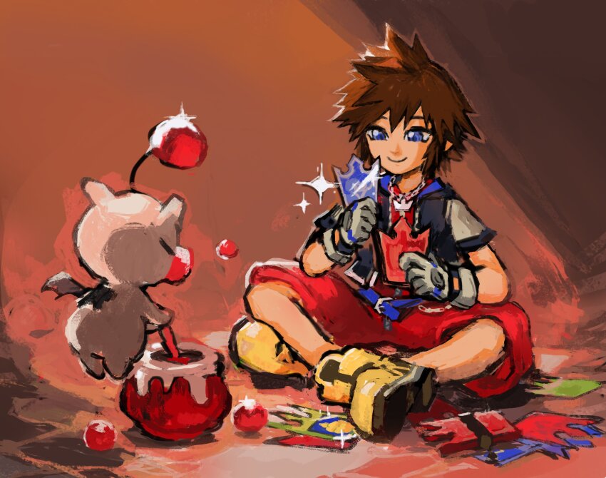 1boy absurdres blue_eyes brown_hair card creature crossed_legs final_fantasy gloves highres holding holding_card jacket kingdom_hearts kingdom_hearts:_chain_of_memories male_focus moogle pants short_hair sitting smile snoozaga sora_(kingdom_hearts) spiked_hair stirring stirring_rod trading_card