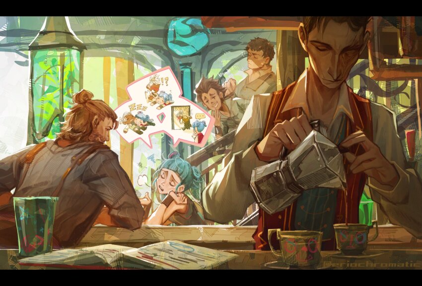 ! ... 1girl 5boys ? annoyed arcane:_league_of_legends arm_on_table artist_name beard black_hair blue_hair blue_shirt book brown_hair claggor_(arcane) closed_eyes coffee commentary cup ekko_(league_of_legends) english_commentary eriochromatic facial_hair facing_viewer firelight_ekko hair_bun highres jinx_(league_of_legends) laughing league_of_legends looking_at_another looking_at_object looking_down moka_pot multiple_boys mylo_(arcane) open_book pouring powder_(arcane) puff_of_air red_vest scar scar_across_eye scar_on_face shirt silco_(arcane) smack smile speech_bubble spoken_character spoken_ellipsis spoken_scene squiggle suspenders swept_bangs teacup twitter_username vander_(arcane) vest white_hair white_shirt zzz