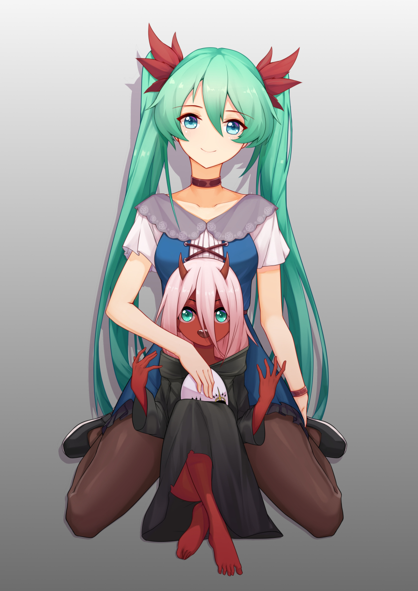 10s 2girls absurdres aqua_eyes aqua_hair brown_legwear choker cloak collarbone colored_skin commentary_request darling_in_the_franxx hatsune_miku highres holding holding_mask hood hooded_cloak karakuri_pierrot_(vocaloid) kneeling long_hair mask multiple_girls open_mouth pantyhose pink_hair red_skin shoes short_sleeves smile spoilers twintails vocaloid zero_two_(darling_in_the_franxx) zero_two_(young)_(darling_in_the_franxx) zuiai_gongzhu_dianxia